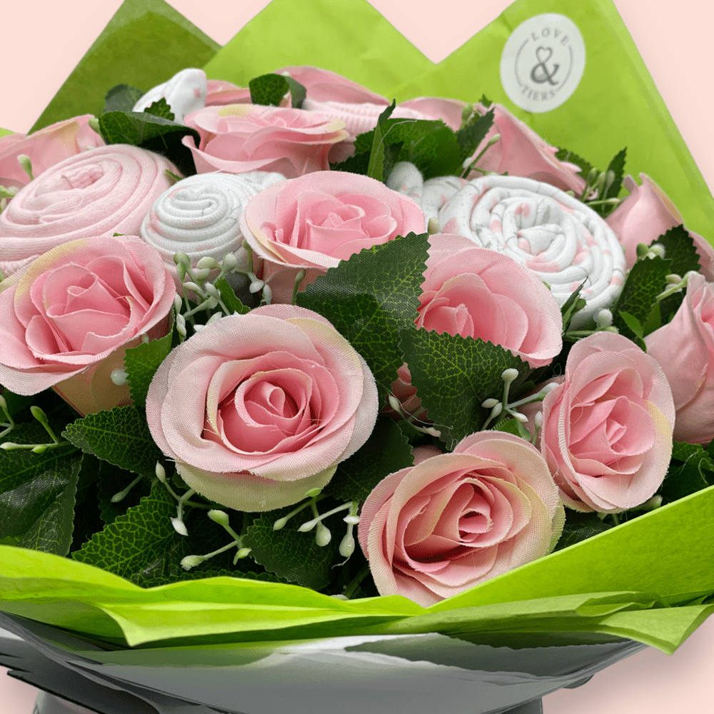 Love & Tiers Ltd Sweet Beginnings Baby Clothes & Roses Bouquet Bouquet, Christening, Gender Reveal, Girls, New Parents, Pink, Shower