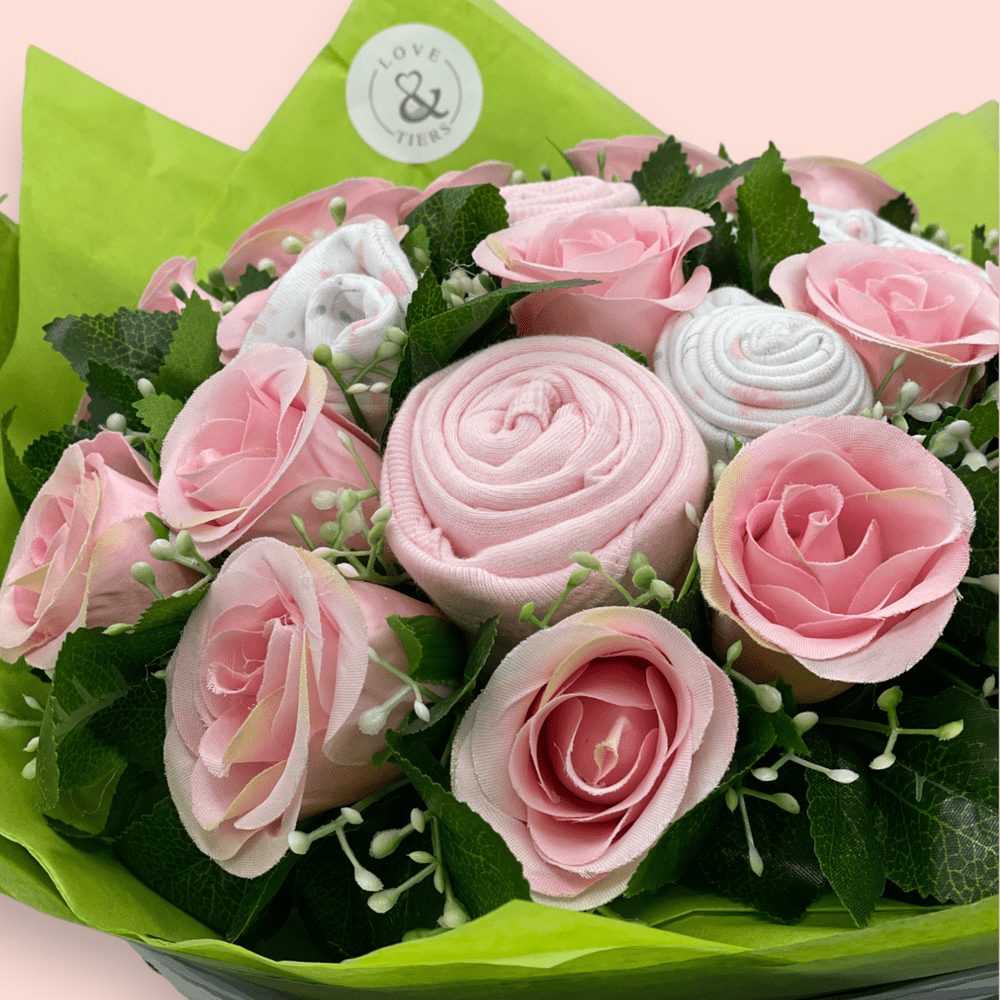 Love & Tiers Ltd Sweet Beginnings Baby Clothes & Roses Bouquet Bouquet, Christening, Gender Reveal, Girls, New Parents, Pink, Shower