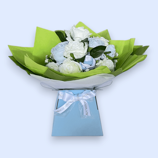 Love & Tiers Ltd The White Rose and Baby Clothing Posy Bouquet Blue, Bouquet, Boys, Christening, him, Occasions 