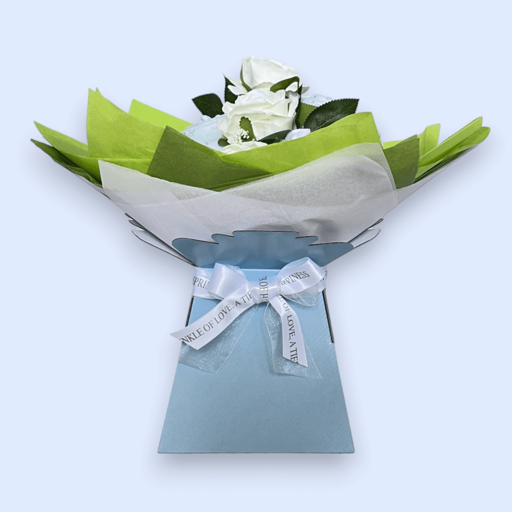 Love & Tiers Ltd The White Rose and Baby Clothing Posy Bouquet Blue, Bouquet, Boys, Christening, him, Occasions