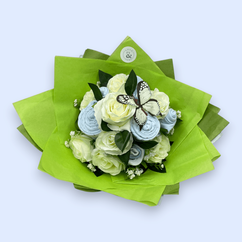Love & Tiers Ltd The White Rose and Baby Clothing Posy Bouquet Blue, Bouquet, Boys, Christening, him, Occasions