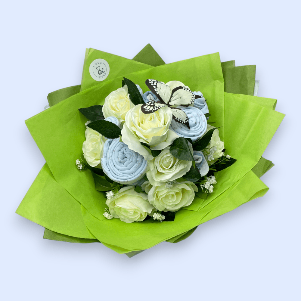 Love & Tiers Ltd The White Rose and Baby Clothing Posy Bouquet Blue, Bouquet, Boys, Christening, him, Occasions