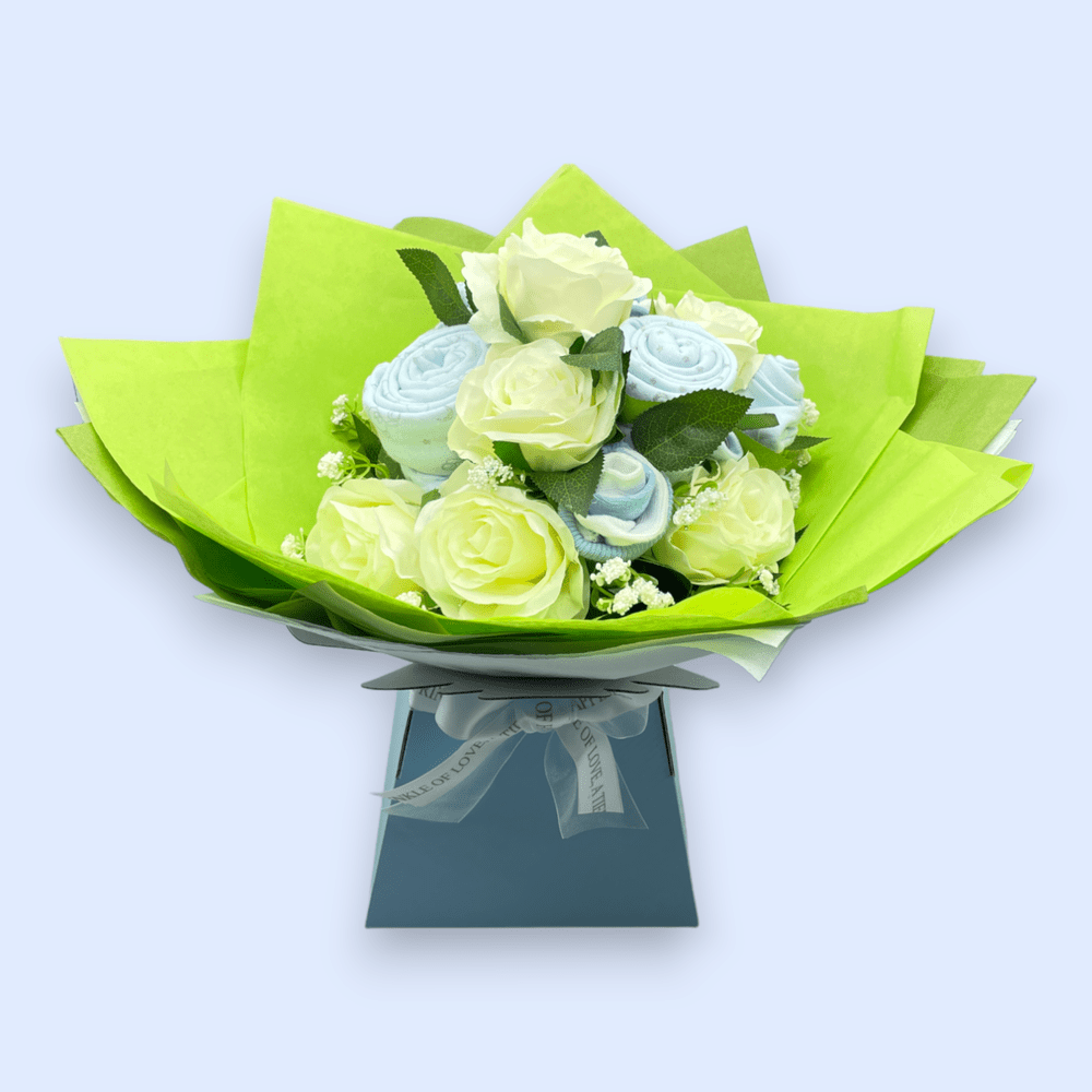 Love & Tiers Ltd The White Rose and Baby Clothing Posy Bouquet Blue, Bouquet, Boys, Christening, him, Occasions