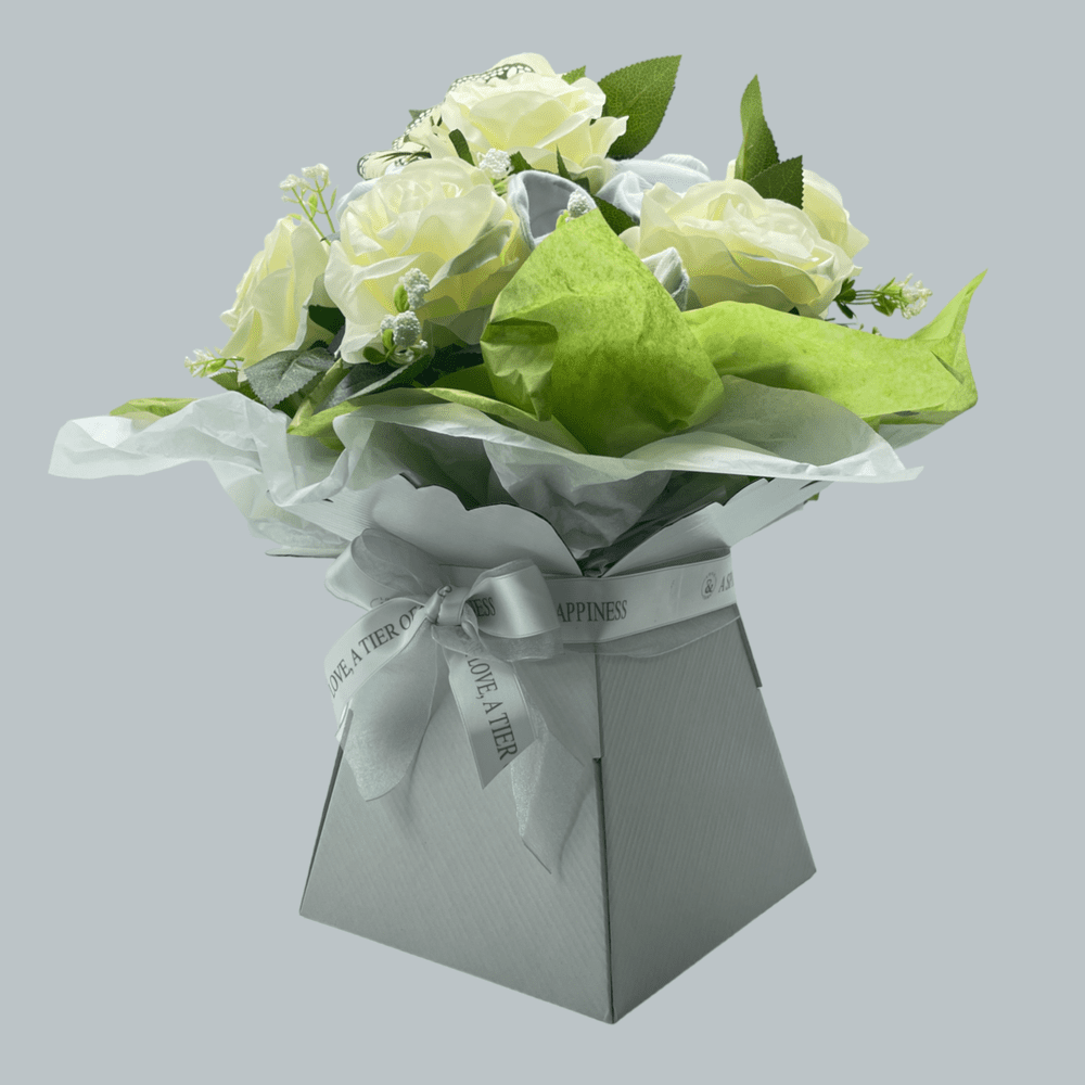 Love & Tiers Ltd The White Rose and Baby Clothing Posy Bouquet Bouquet, Christening, Christmas, Grey, Occasions, Unisex
