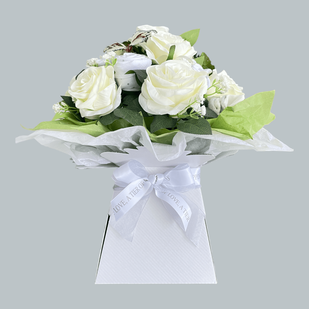 Love & Tiers Ltd The White Rose and Baby Clothing Posy Bouquet Bouquet, Christening, Christmas, Grey, Occasions, Unisex