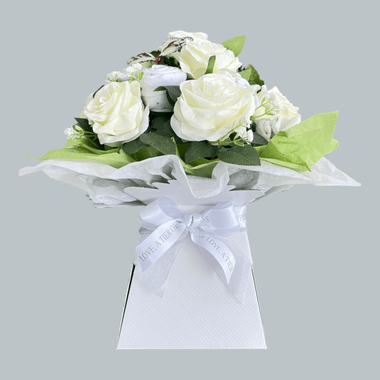 Love & Tiers Ltd The White Rose and Baby Clothing Posy Bouquet Bouquet, Christening, Christmas, Grey, Occasions, Unisex 