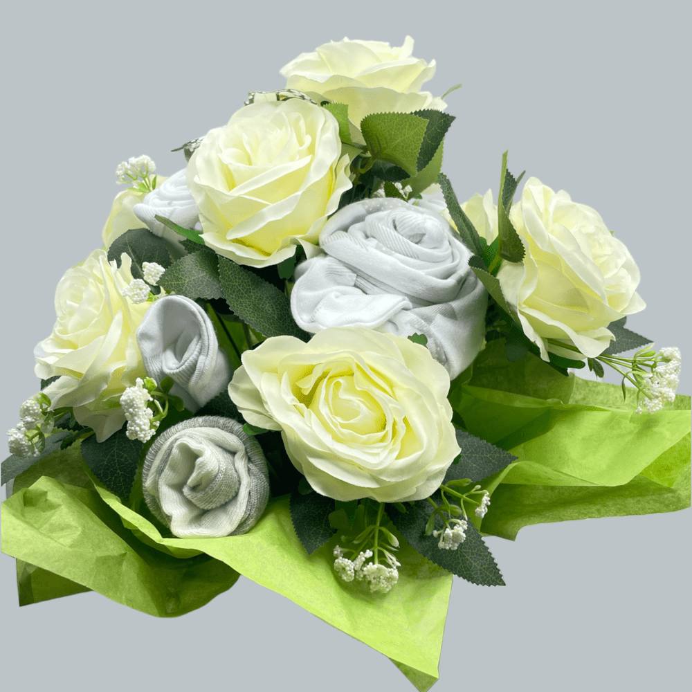 Love & Tiers Ltd The White Rose and Baby Clothing Posy Bouquet Bouquet, Christening, Christmas, Grey, Occasions, Unisex