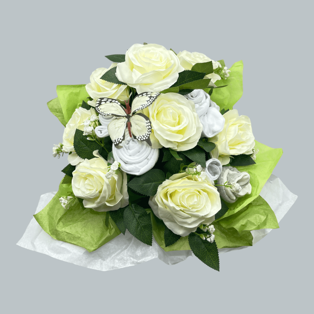 Love & Tiers Ltd The White Rose and Baby Clothing Posy Bouquet Bouquet, Christening, Christmas, Grey, Occasions, Unisex