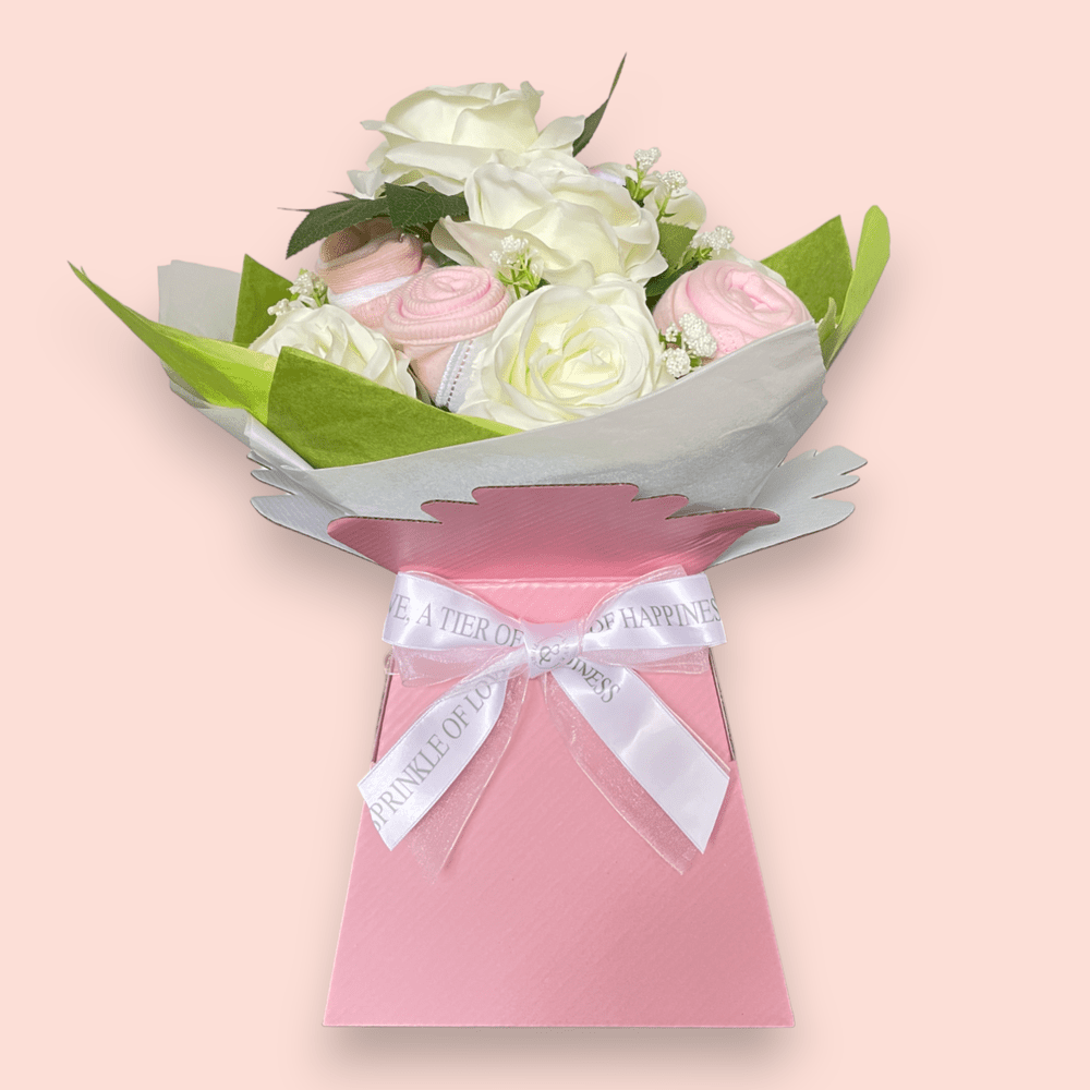 Love & Tiers Ltd The White Rose and Baby Clothing Posy Bouquet Bouquet, Christening, Girls, Occasions, Pink