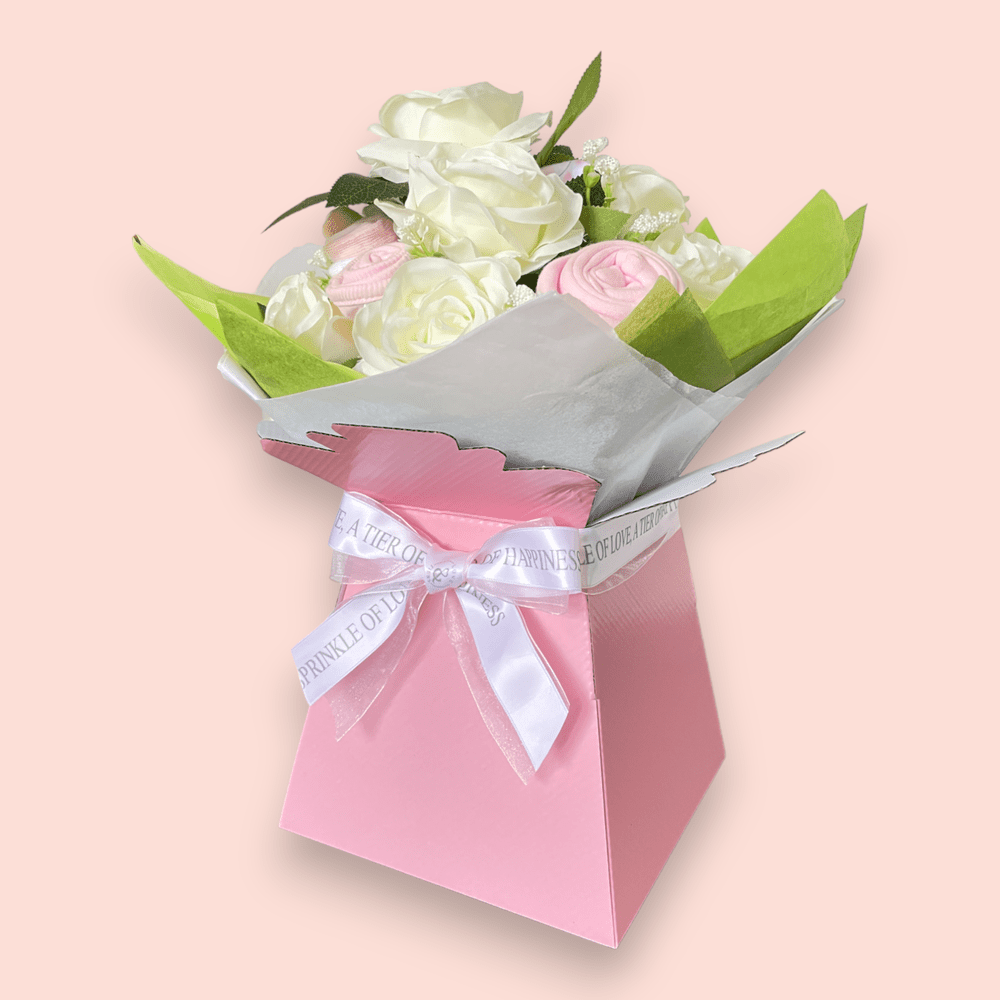 Love & Tiers Ltd The White Rose and Baby Clothing Posy Bouquet Bouquet, Christening, Girls, Occasions, Pink