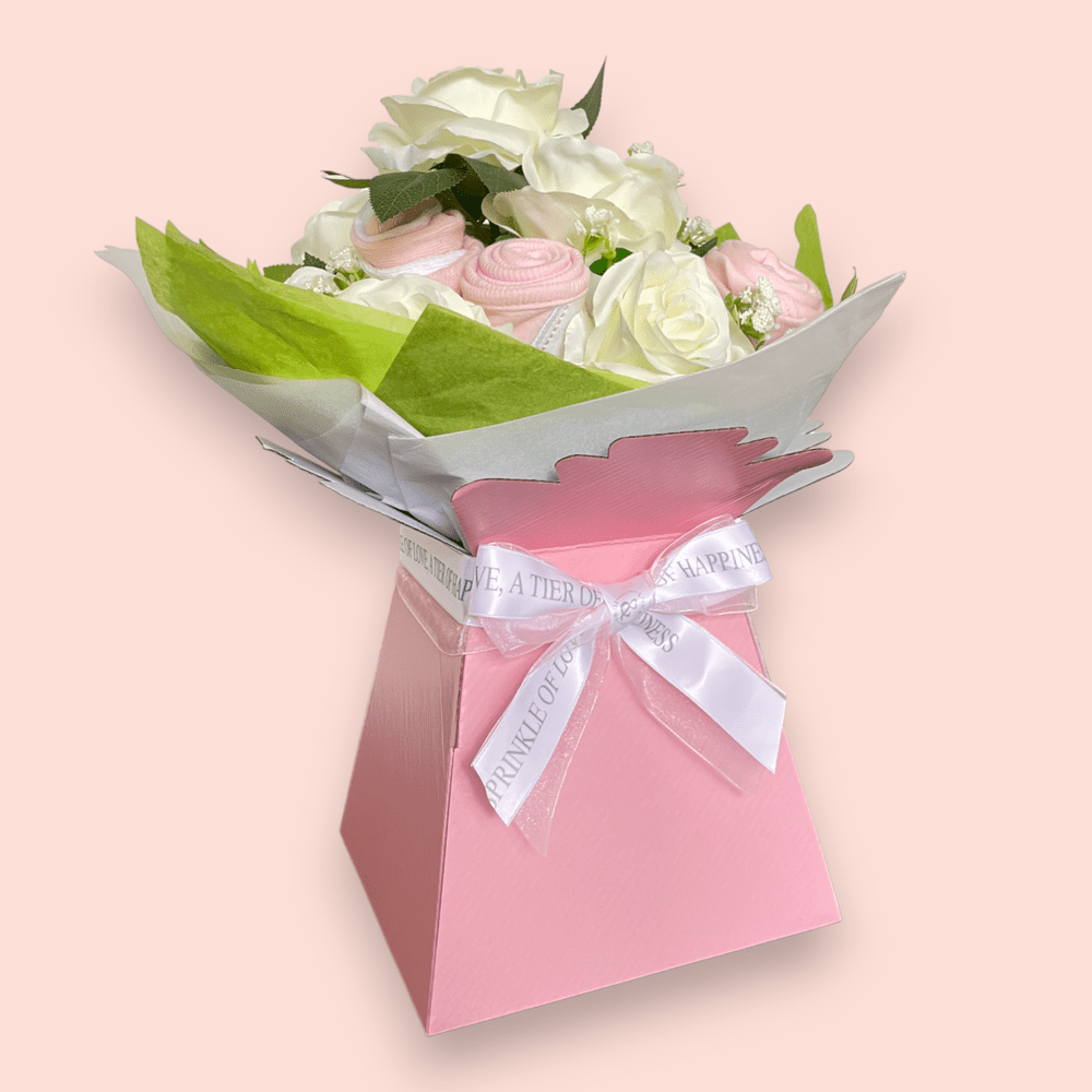 Love & Tiers Ltd The White Rose and Baby Clothing Posy Bouquet Bouquet, Christening, Girls, Occasions, Pink