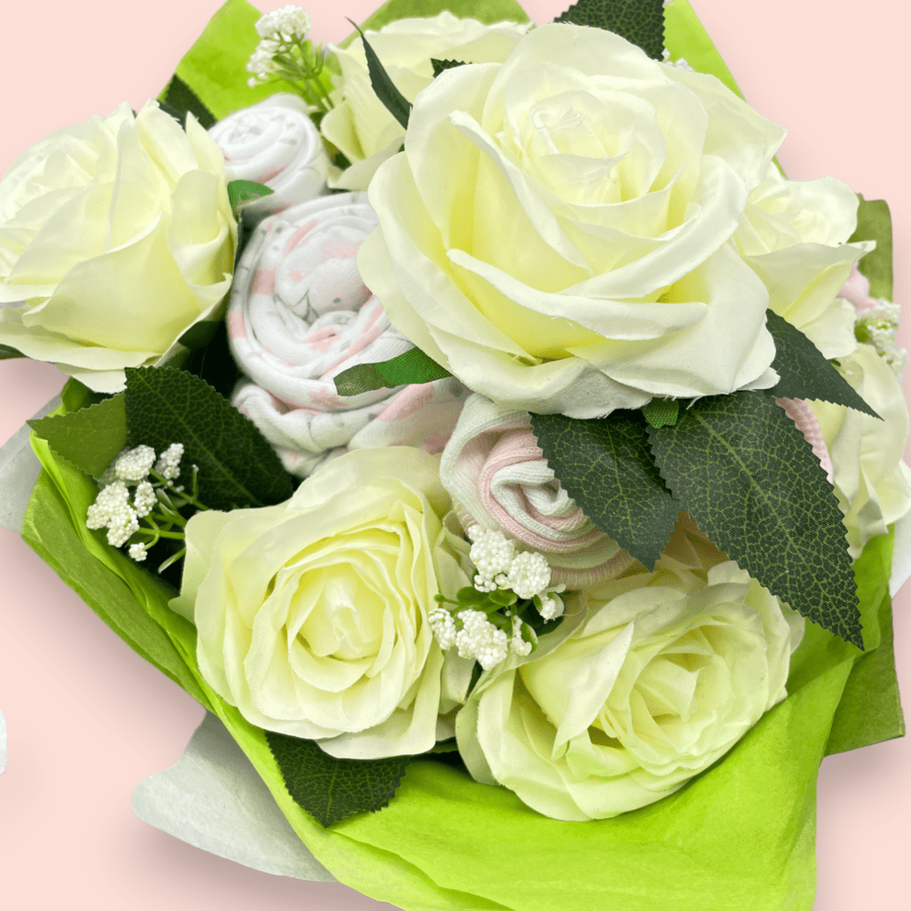 Love & Tiers Ltd The White Rose and Baby Clothing Posy Bouquet Bouquet, Christening, Girls, Occasions, Pink