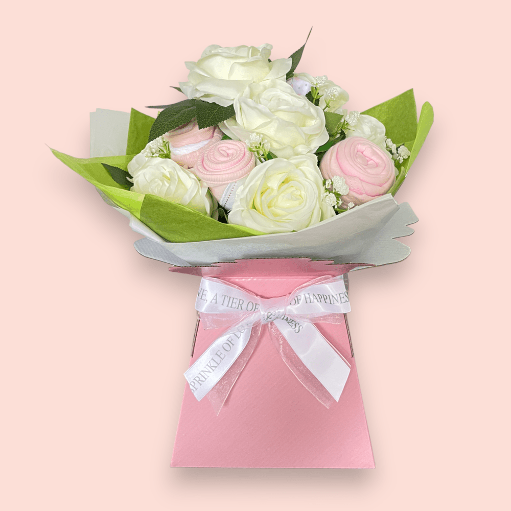 Love & Tiers Ltd The White Rose and Baby Clothing Posy Bouquet Bouquet, Christening, Girls, Occasions, Pink