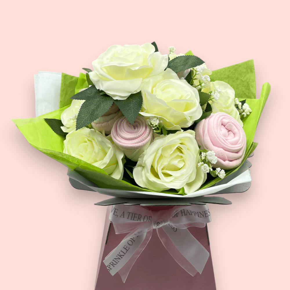 Love & Tiers Ltd The White Rose and Baby Clothing Posy Bouquet Bouquet, Christening, Girls, Occasions, Pink