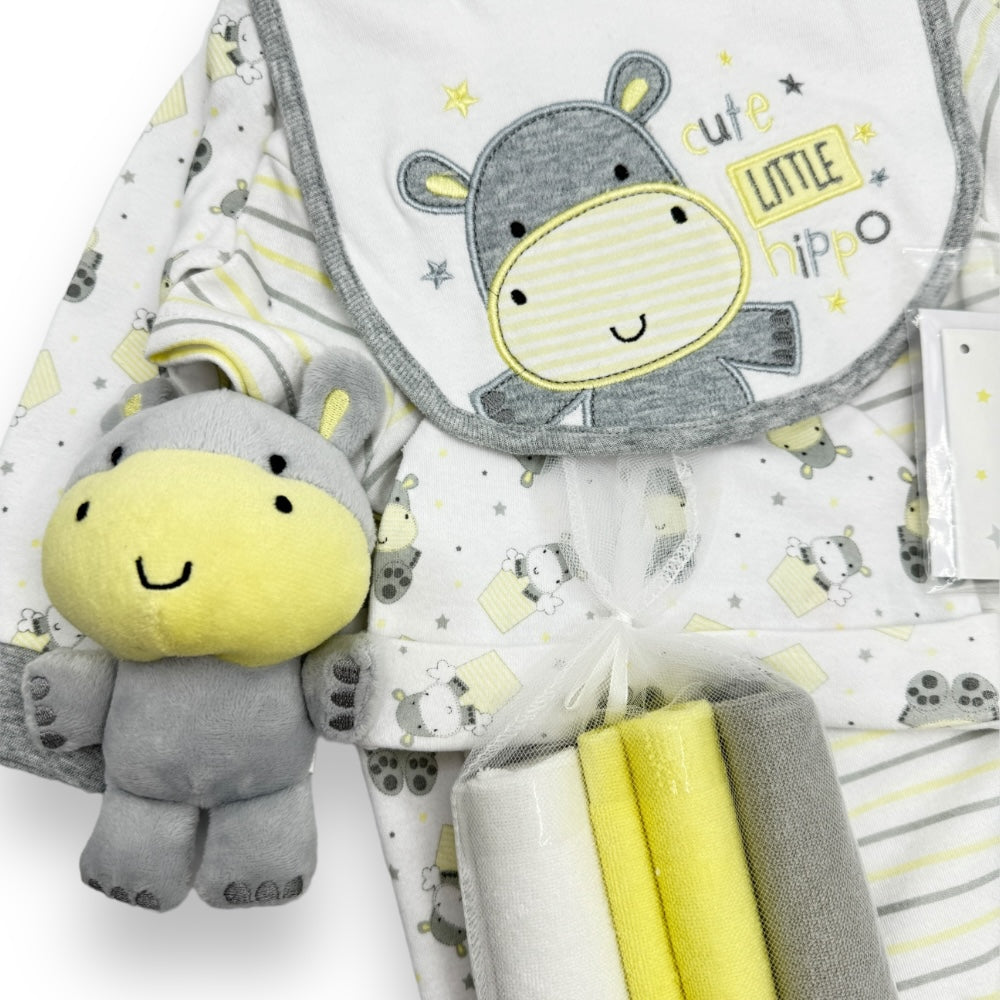 Small Grey and Lemon Hippo Soft Toy with White Bib with Grey Edging and Lemon Embroidered Hippo