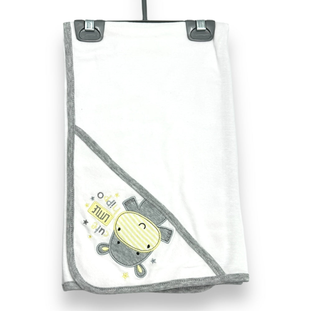 White Hooded Blanket with Embroidered Hippo Design from the Cute Little Hippo Baby Gift Set