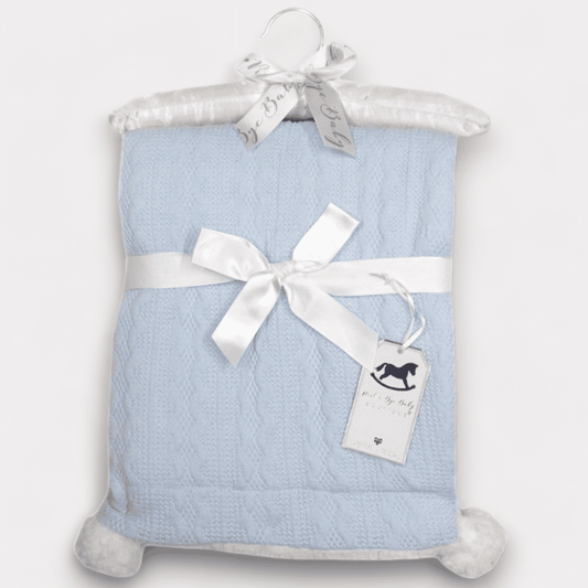 Blue Cable Knit Sherpa Blanket with Pom Poms Rock a Bye Baby Boutique Apparel, Baby Shower, Blanket, Blue, Boy Gifts, Boys, Brother, Build Your Own Hamper, Gender Reveal, him, Kiddies World, Rock a Bye Baby, Shower, Twin
