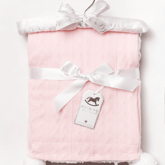 Pink Cable Knit Sherpa Blanket with Pom Poms Rock a Bye Baby Boutique Apparel, Baby Shower, Blanket, Build Your Own Hamper, For Her, Gender Reveal, Girl Gifts, Girls, Kiddies World, Pink, Rock a Bye Baby, Shower, Sister, Twin