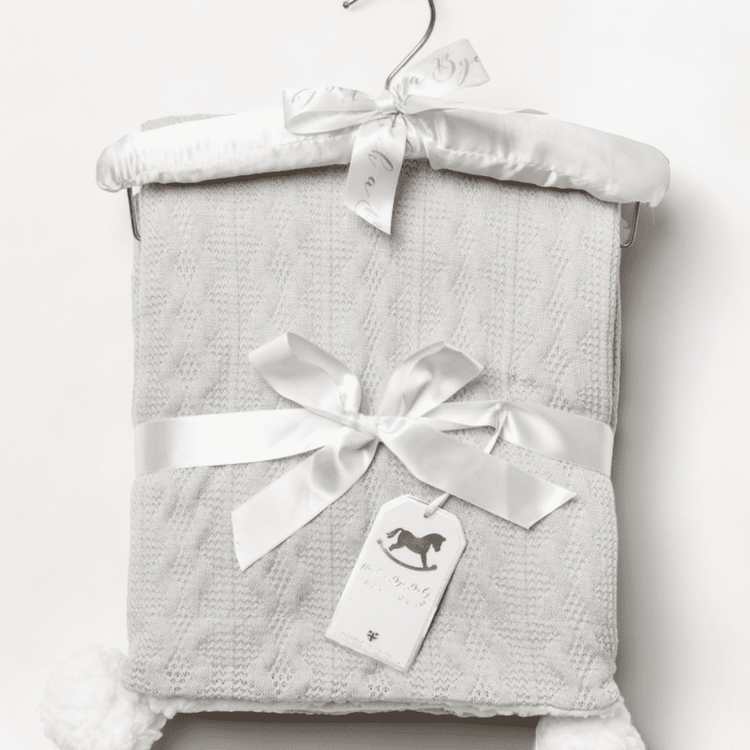 Grey Cable Knit Sherpa Blanket with Pom Poms Rock a Bye Baby Boutique Apparel, Baby Shower, Blanket, Build Your Own Hamper, Christening, Kiddies World, Rock a Bye Baby, Shower, Twin, Unisex