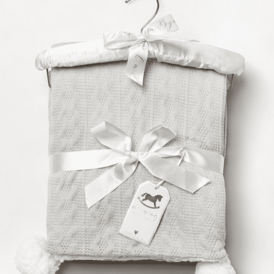 Grey Cable Knit Sherpa Blanket with Pom Poms Rock a Bye Baby Boutique Apparel, Baby Shower, Blanket, Build Your Own Hamper, Christening, Kiddies World, Rock a Bye Baby, Shower, Twin, Unisex
