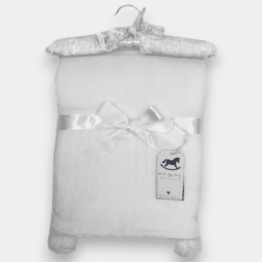 White Cable Knit Sherpa Blanket with Pom Poms Rock a Bye Baby Boutique 1st Christmas, Apparel, Baby Shower, Blanket, Build Your Own Hamper, Christening, Christmas, Kiddies World, Rock a Bye Baby, Shower, Twin, Unisex