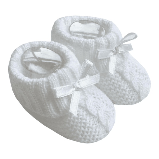 White Knitted Baby Booties With Satin Bow Nursery Time Apparel, Booties, Build Your Own Hamper, Christening, Christmas, Kids Wholesale, Nursery Time, Shower, Twin, Unisex