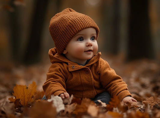 Cosy Baby Gift Ideas for Autumn 2024. Image shows a typical autumn scene, with a child wearing wellies, jumping in a muddy puddle