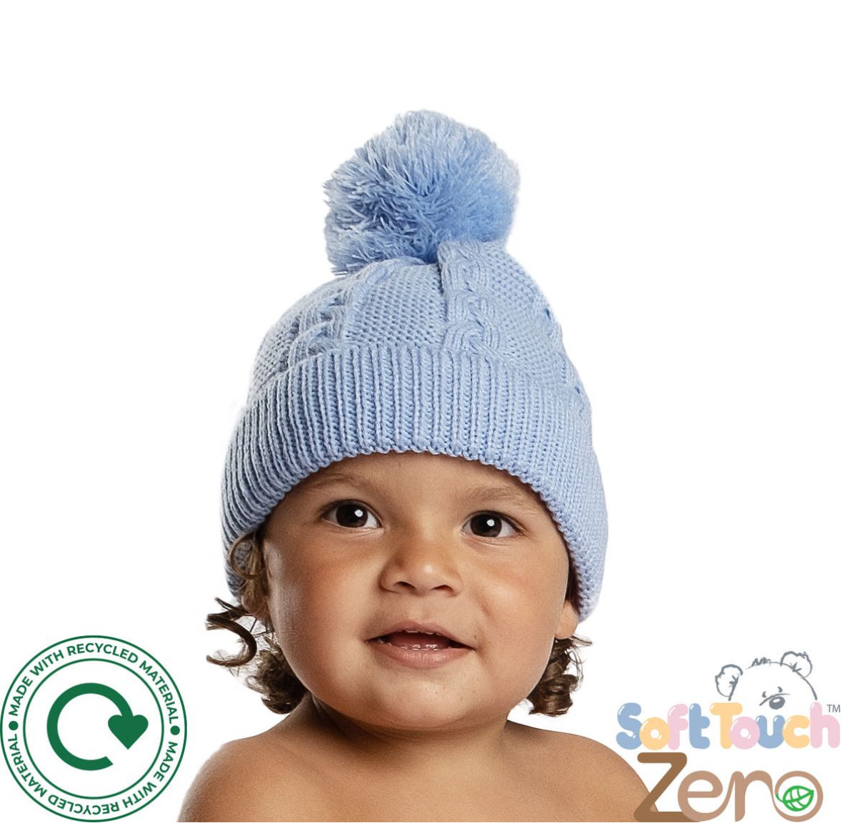 Recycled Acrylic Blue Cable Knit Bobble Hat | Eco-Friendly Baby Hat