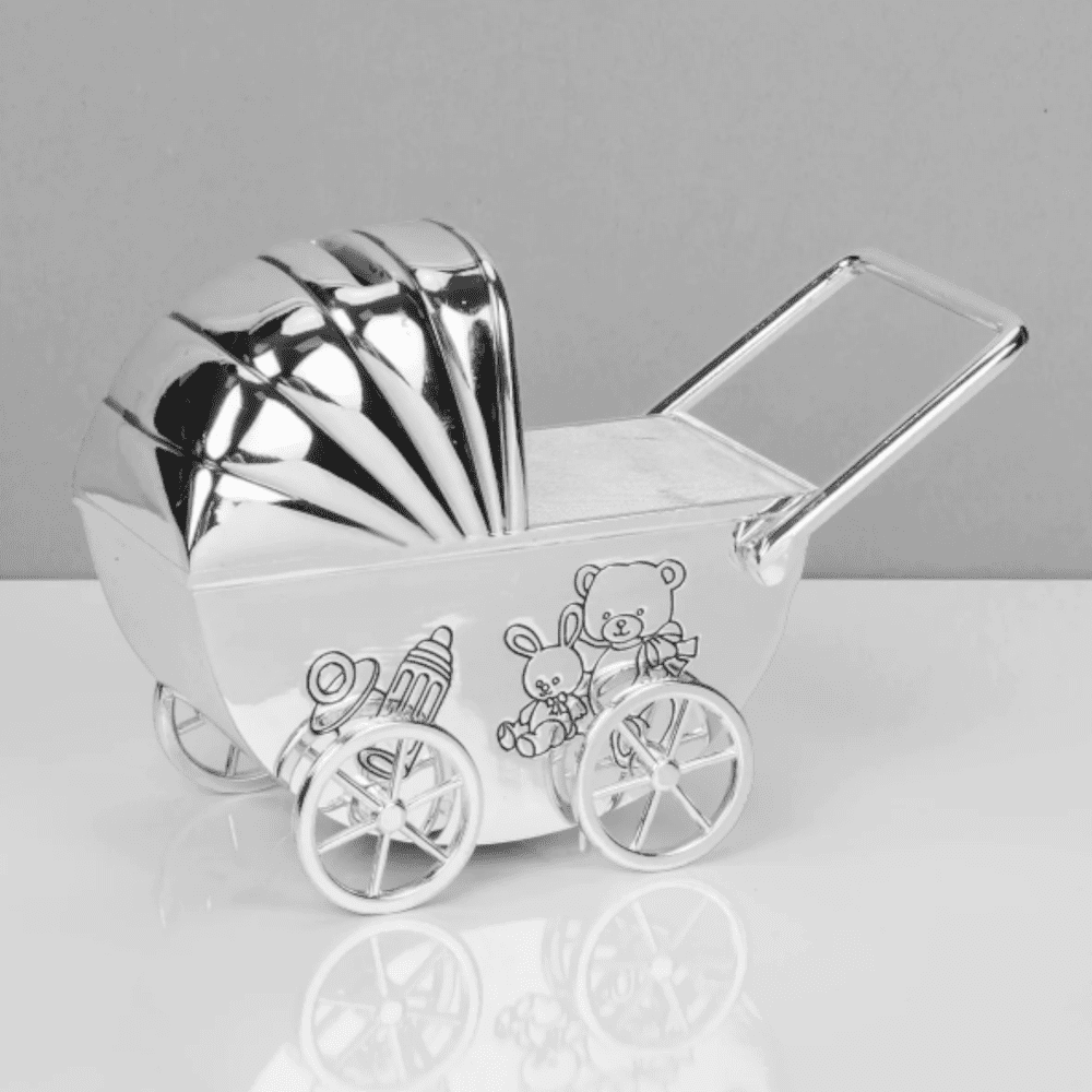 Silver Plated Pram Money Box with Moving Wheels