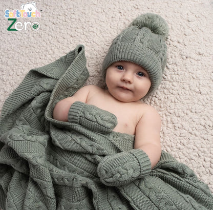 Recycled Sage Green Acrylic Cable Knit Wrap with Pom Poms with matching bobble hat and mittens from Soft Touch Babywear