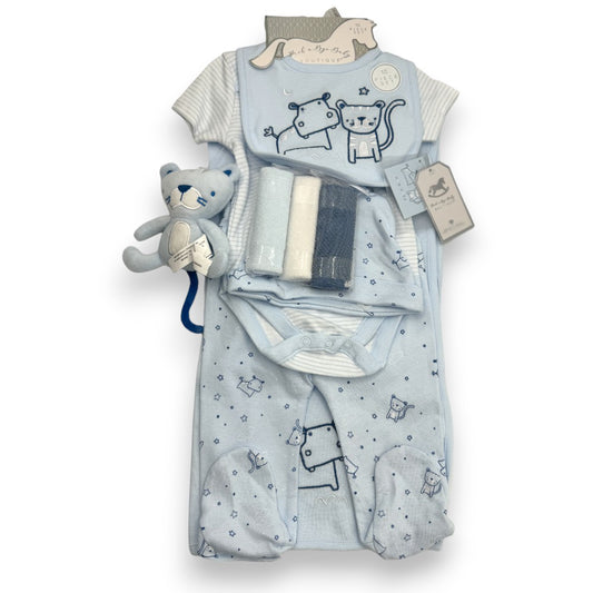 Tiger and Hippo Delight: 10-Piece Baby Blue Layette Gift Set