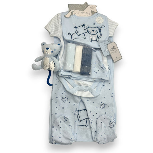 Tiger and Hippo Delight: 9-Piece Baby Blue Layette Gift Set