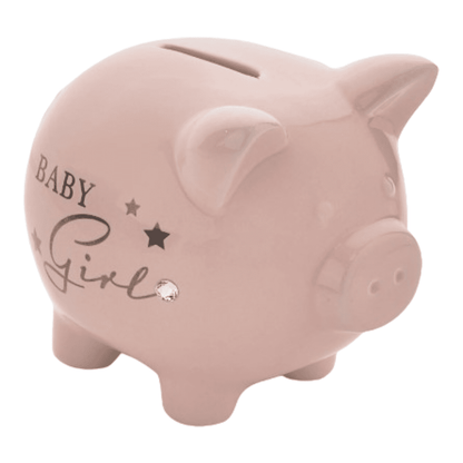 Ceramic piggy bank with crystal embellishments and pink finish