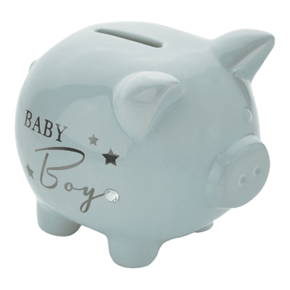 Ceramic piggy bank with crystal embellishments and blue finish