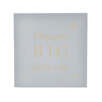 Blue keepsake box with gold details and 'Dream big little one' on the lid