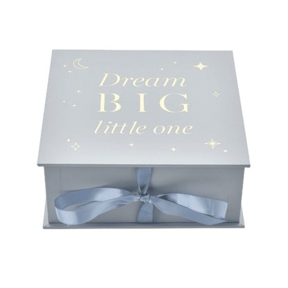 Dream Big Keepsake box with blue ribbon and sturdy cardboard construction