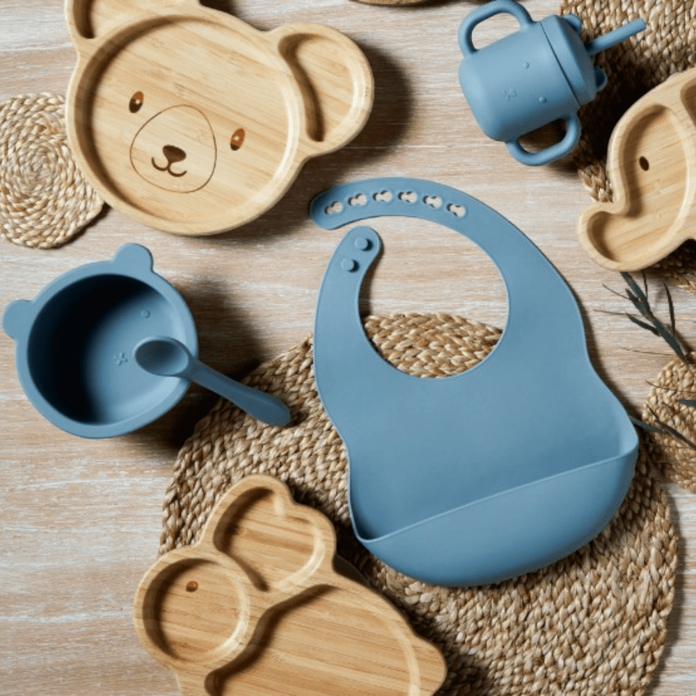 Stylish bamboo and matt silicone feeding products