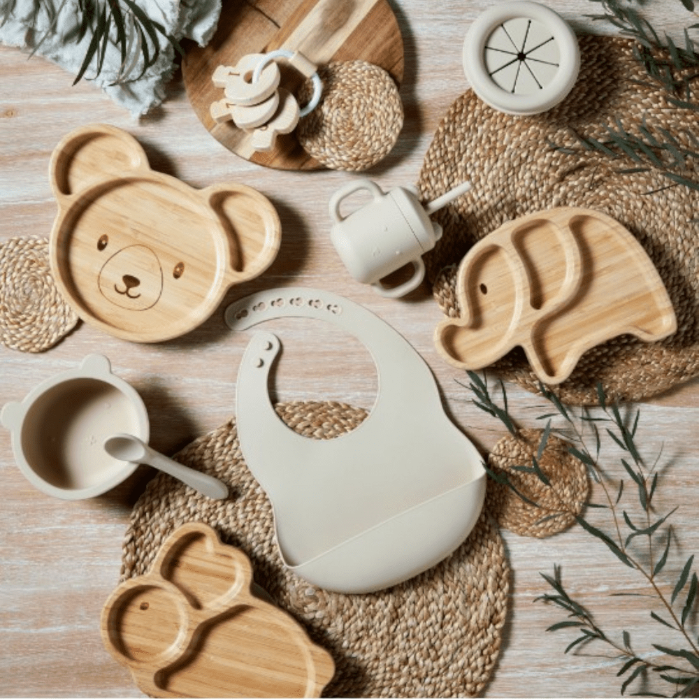 Stylish bamboo and matt silicone feeding products