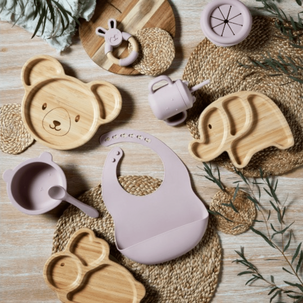 Stylish bamboo and matt silicone feeding products