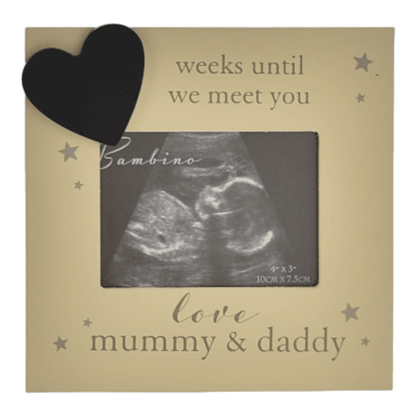 Countdown scan frame from BAMBINO BY JULIANA® displaying baby scan photo with pastel grey star decorations