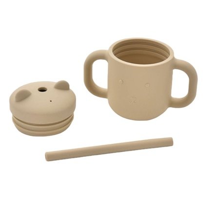 Matt beige silicone sippy cup with straw and handles