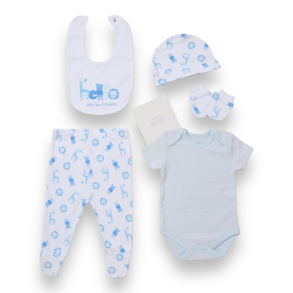 Blue Hello 6-piece gift set with bib, body vest, hat, footed pants, and mittens