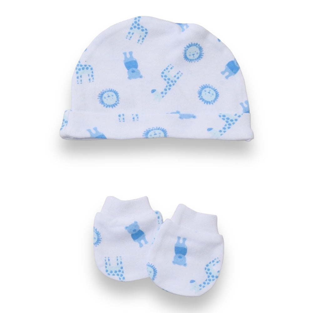 Soft and soothing white and Blue hat and mittens from the Hello gift set for newborns to 3-6 Months