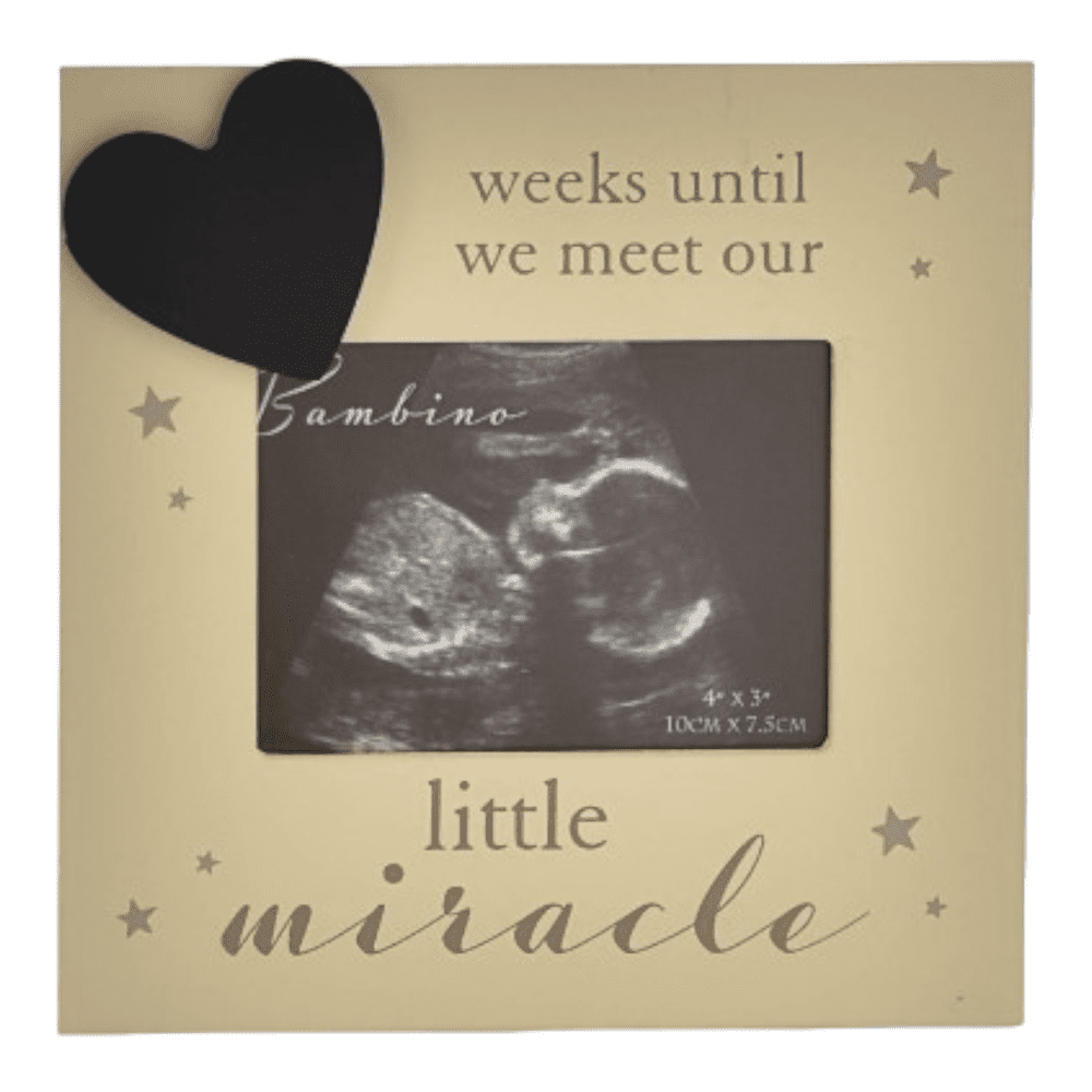 Countdown scan frame from BAMBINO BY JULIANA® displaying baby scan photo with pastel grey star decorations