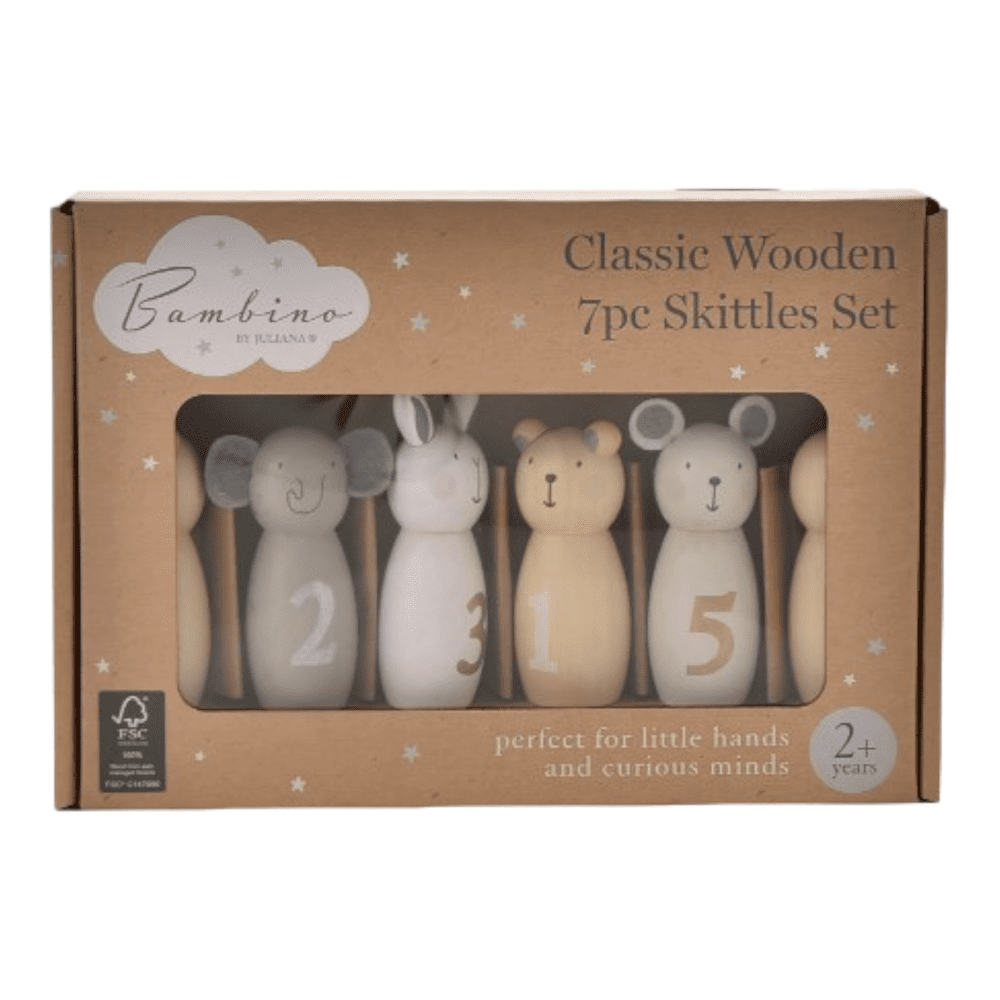 Wooden bowling set packaged in a window gift box