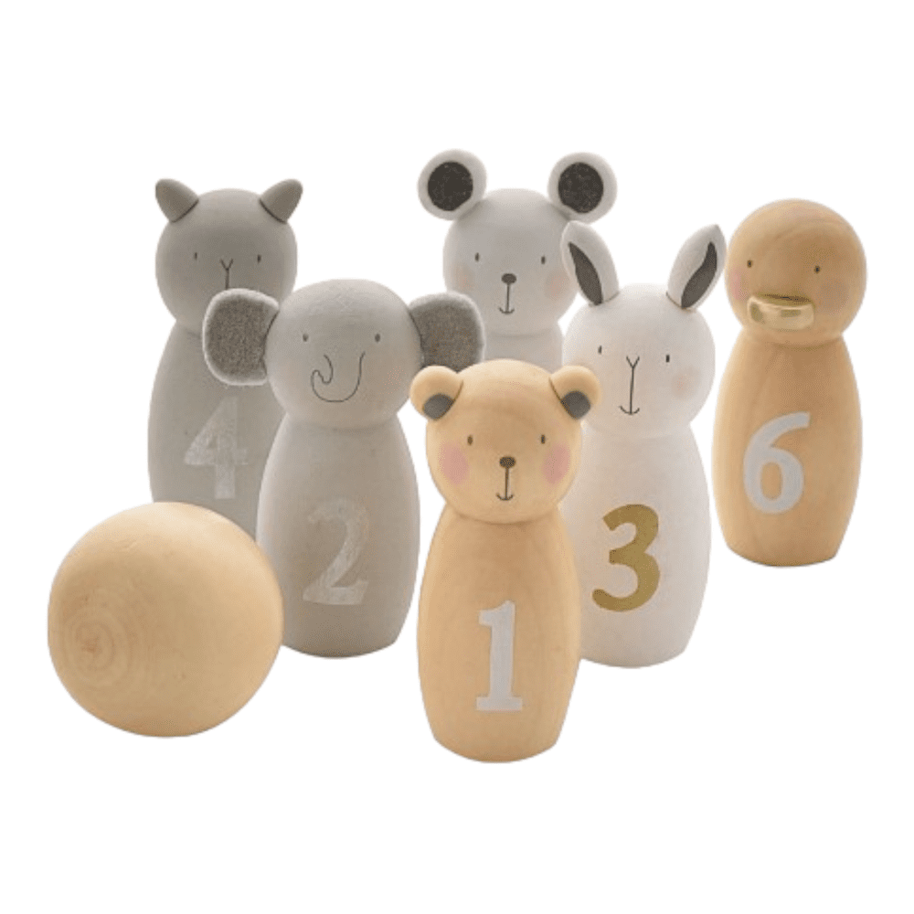 Wooden bowling set with teddy bear, elephant, rabbit, cat, mouse, and duck pins with hand-painted numbers