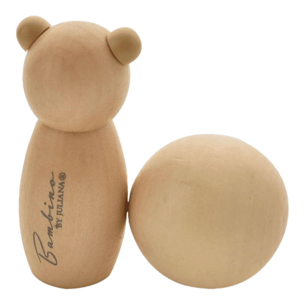 Complete wooden bowling set includes a matching wooden ball