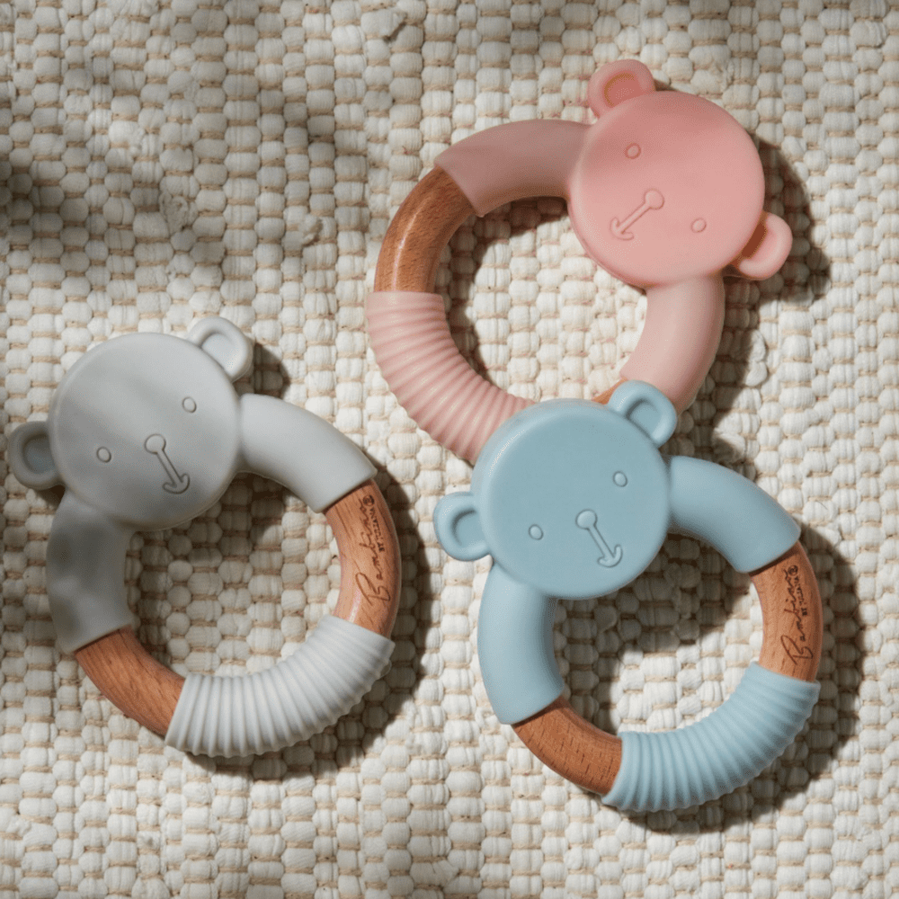 Sustainable wooden ring teether with teddy bear design