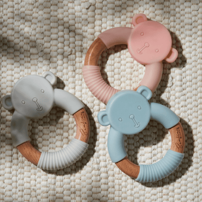 Sustainable wooden ring teether with teddy bear design