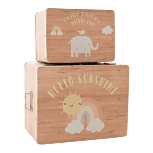 Set of 2 MDF storage boxes with elephant illustrations and gold lock